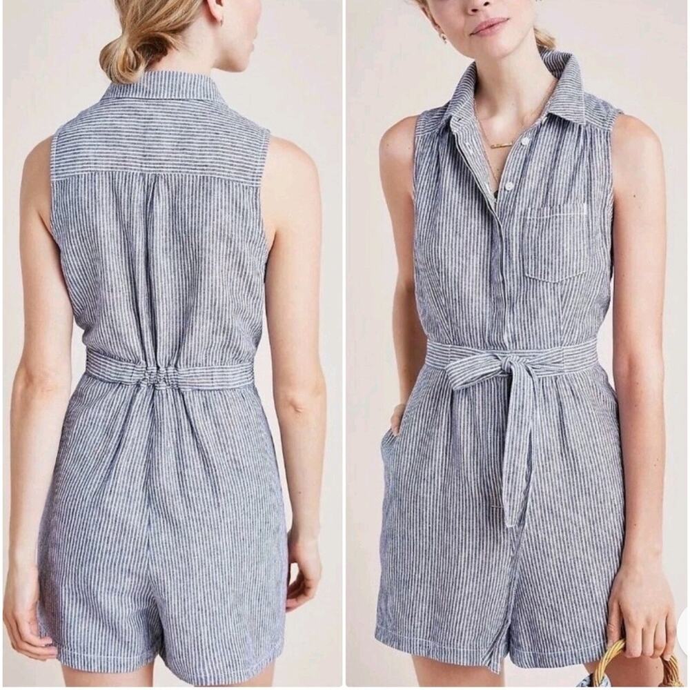 Anthropologie Sleeveless Linen Blend Railroad Striped Blue Romper US 0